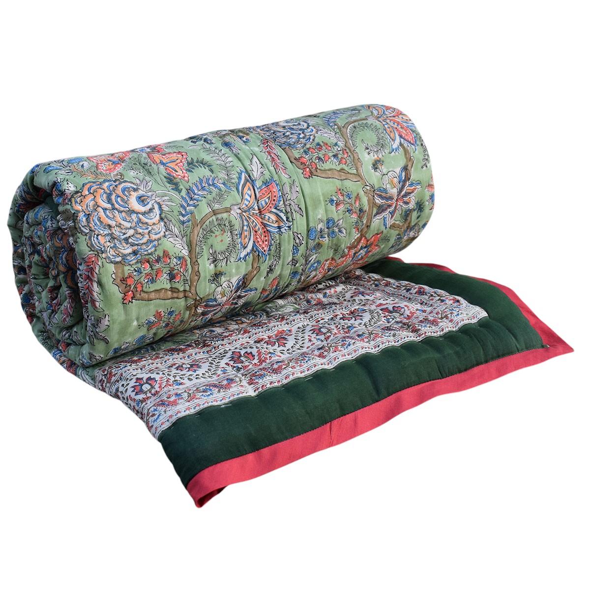 Hand Block Printed Cotton Twin Size Quilt Bela Mint Green 251207