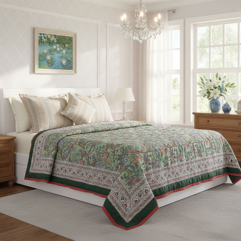 Hand Block Printed Cotton Twin Size Quilt Bela Mint Green 251207