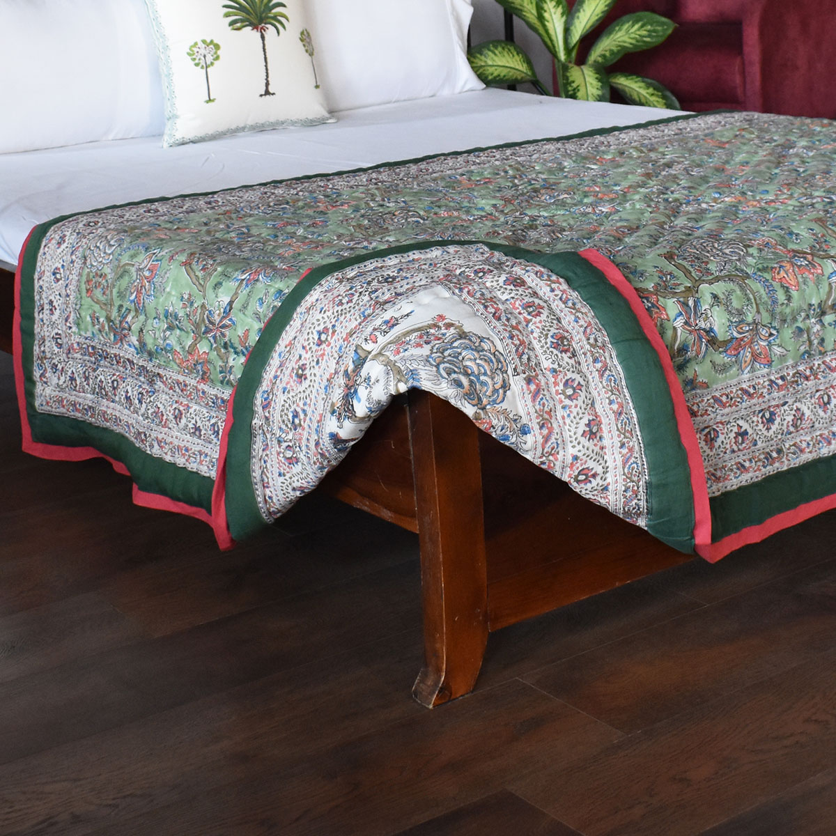 Hand Block Printed Cotton Twin Size Quilt  Bela Mint Green 251207