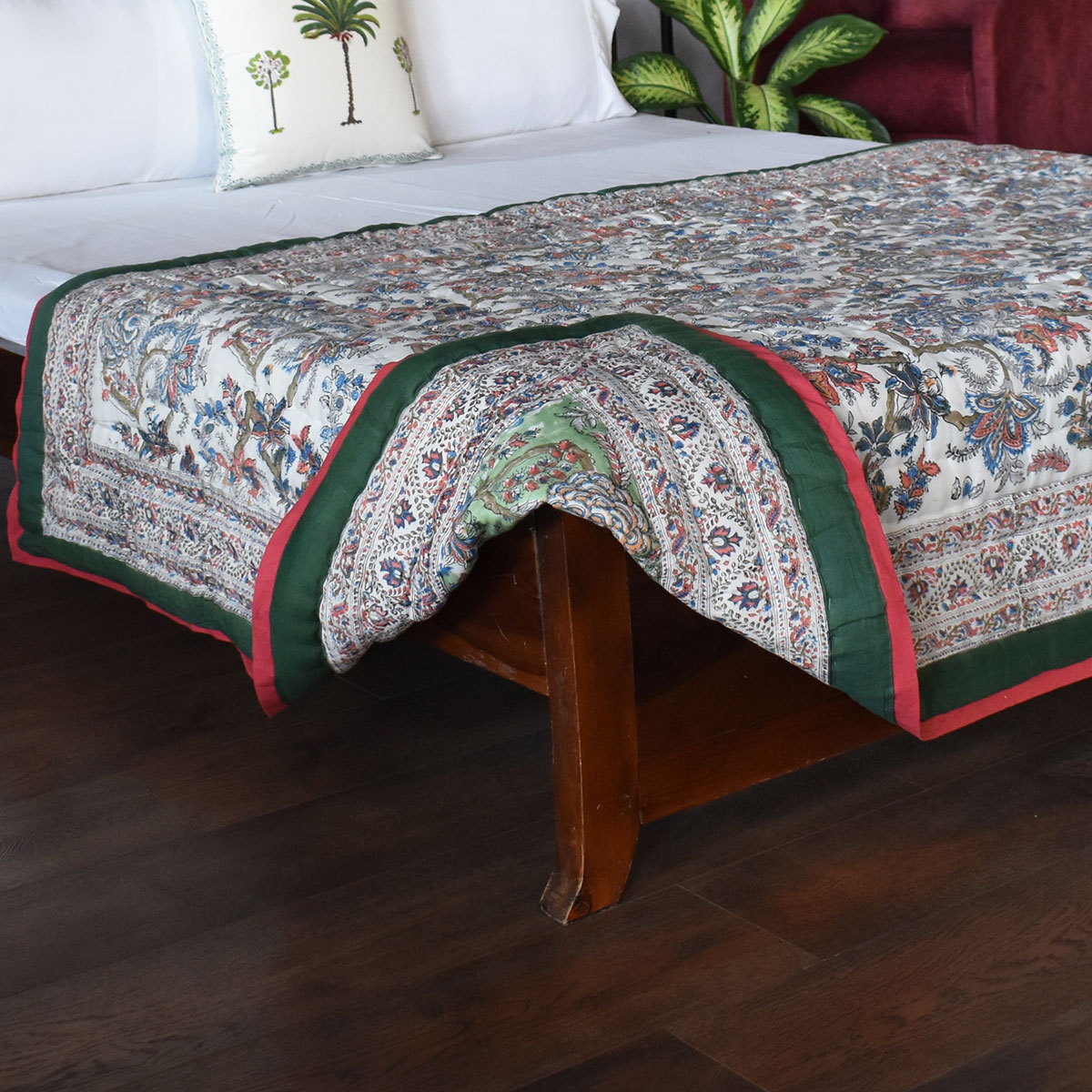 Hand Block Printed Cotton Twin Size Quilt  Bela Mint Green 251207