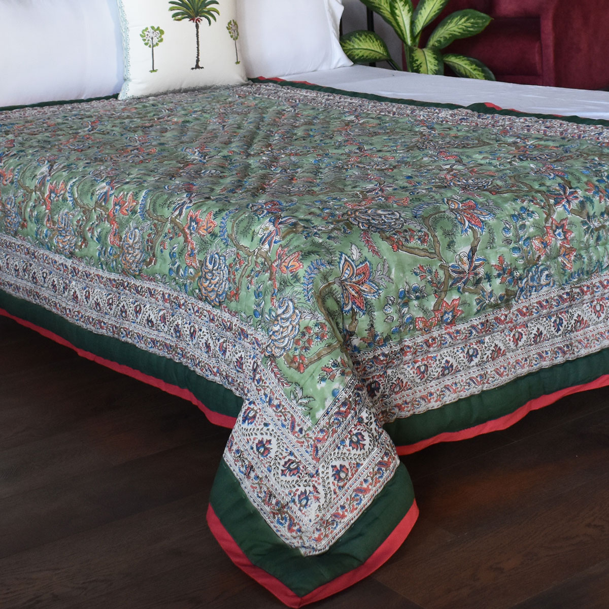 Hand Block Printed Cotton Twin Size Quilt  Bela Mint Green 251207