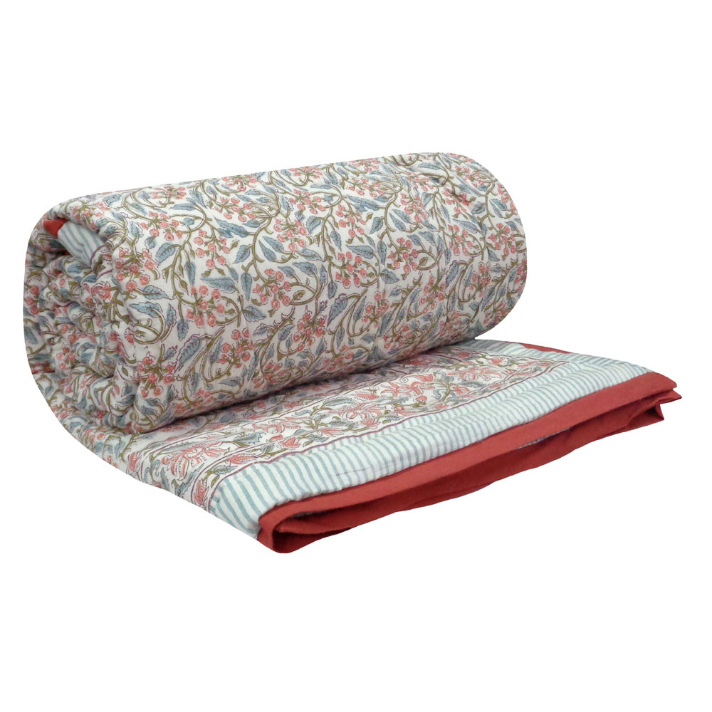 Hand Block Printed Cotton Twin Size Quilt Berry Pink 106128