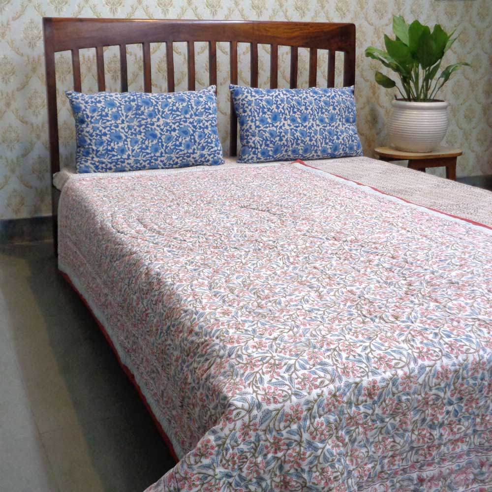 Hand Block Printed Cotton Twin Size Quilt Berry Pink 106128