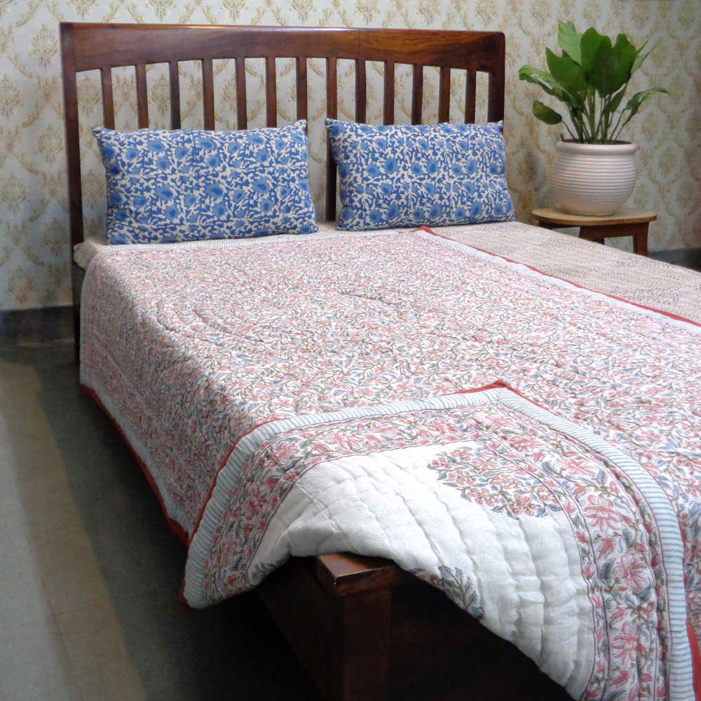 Hand Block Printed Cotton Twin Size Quilt Berry Pink 106128