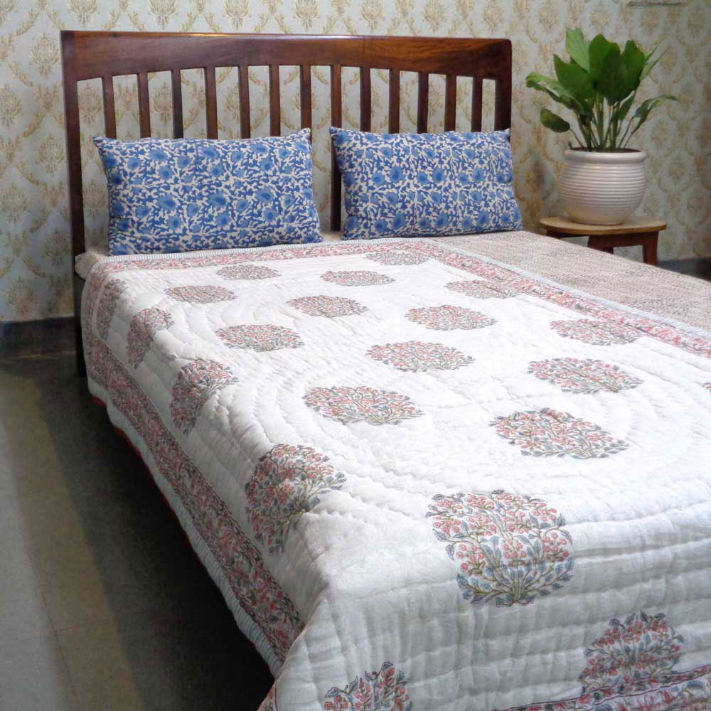 Hand Block Printed Cotton Twin Size Quilt Berry Pink 106128