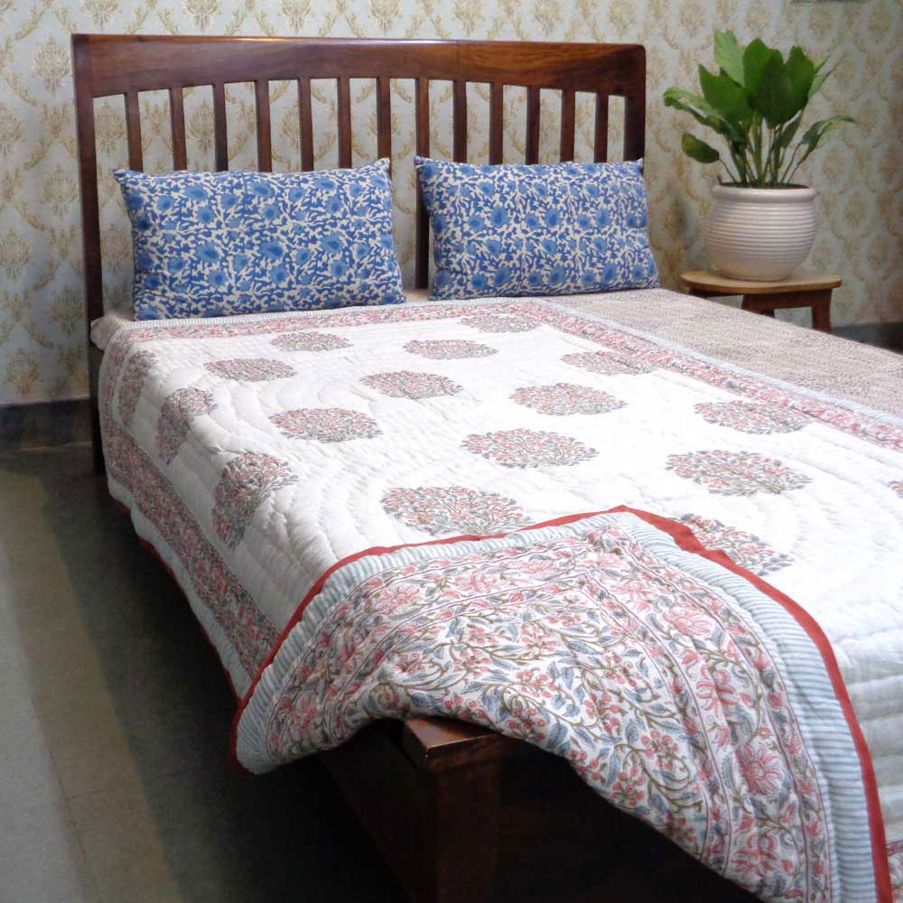 Hand Block Printed Cotton Twin Size Quilt Berry Pink 106128