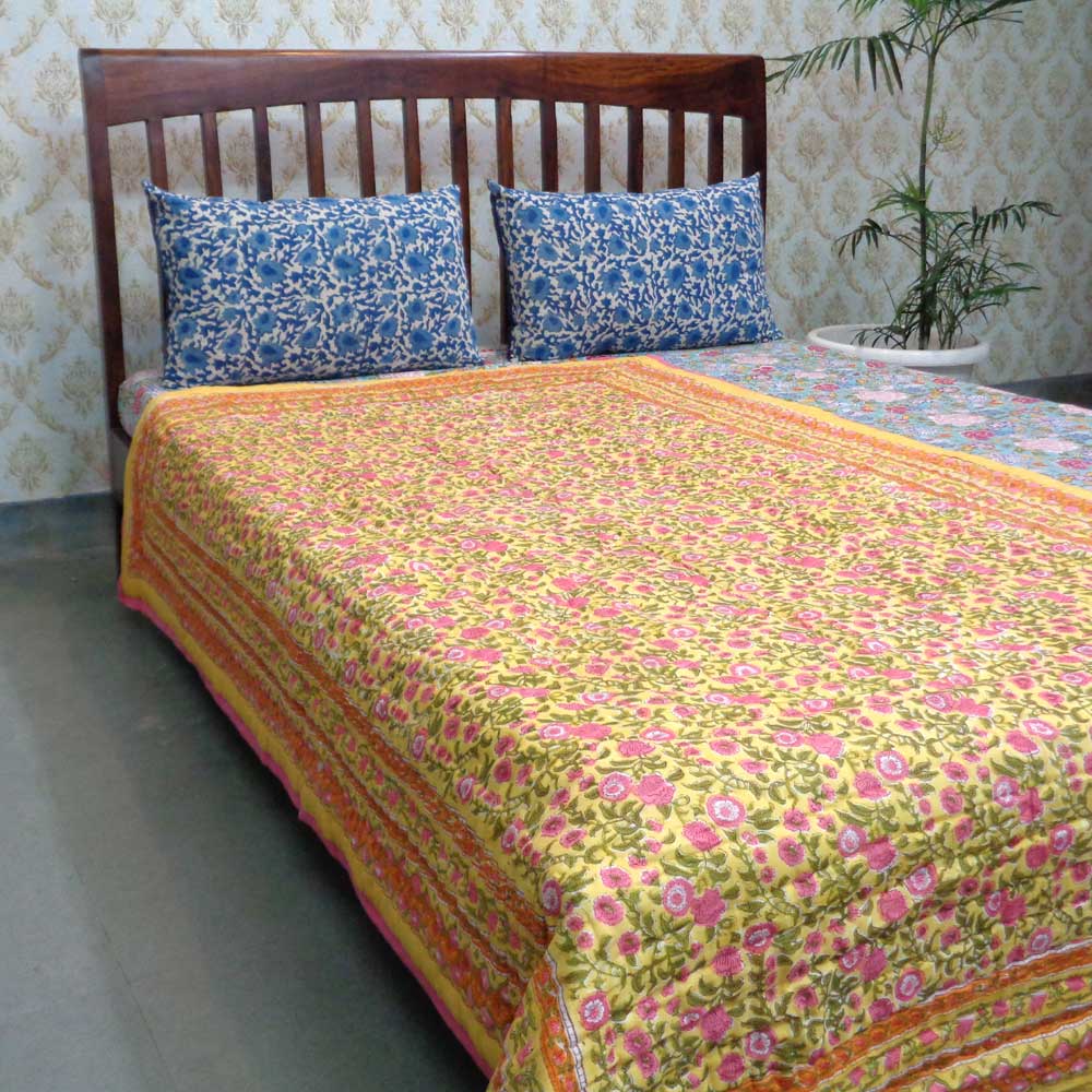 Indian Hand Block Printed Twin Size Quilt Bhare Pile Phool 102376