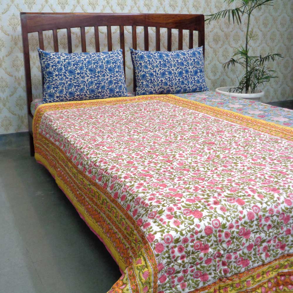 Indian Hand Block Printed Twin Size Quilt Bhare Pile Phool 102376