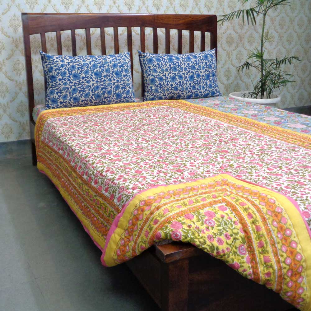 Indian Hand Block Printed Twin Size Quilt Bhare Pile Phool 102376