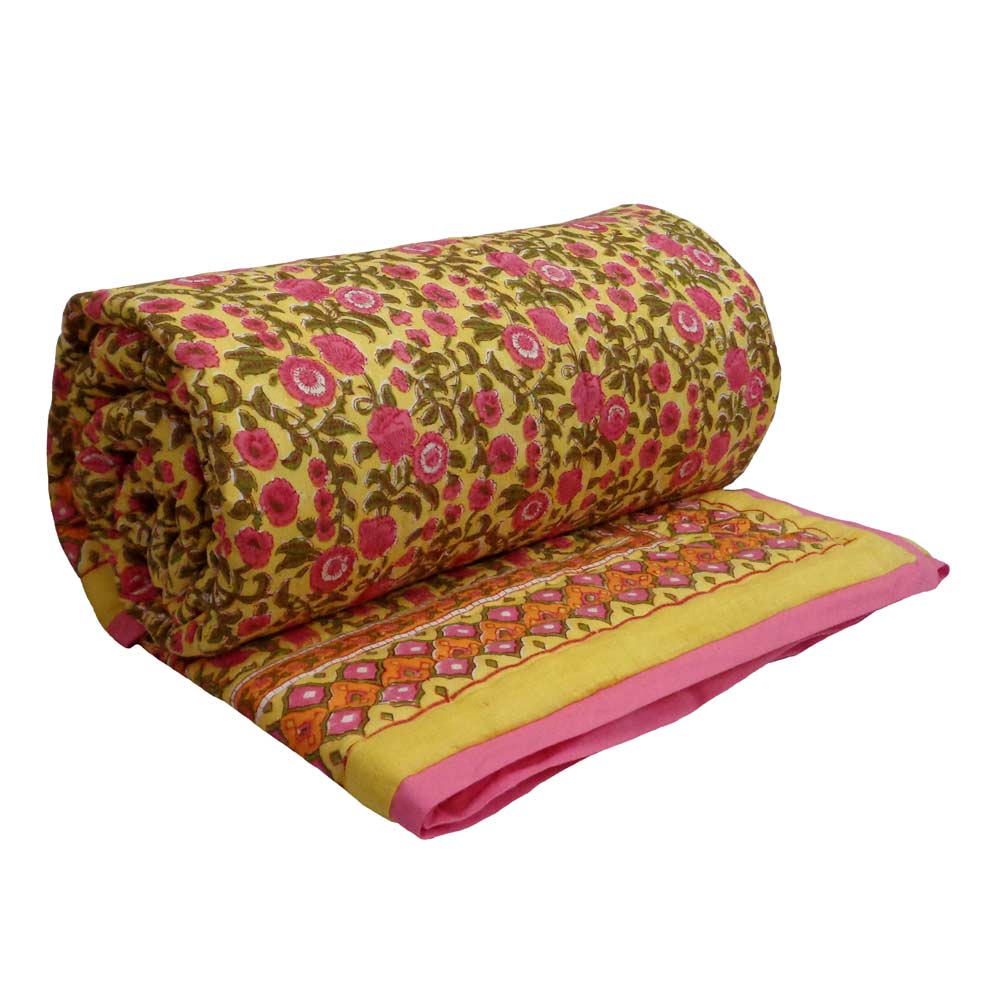 Indian Hand Block Printed Twin Size Quilt Bhare Pile Phool 102376
