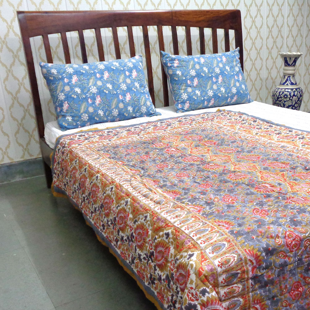 Hand Block Printed Cotton Twin Size Quilt  Bird Of Paradise Gud 204347