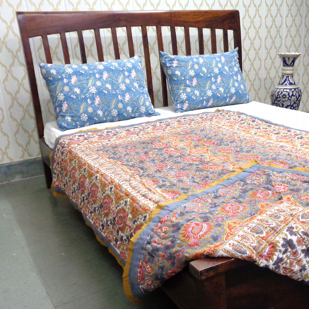 Hand Block Printed Cotton Twin Size Quilt  Bird Of Paradise Gud 204347