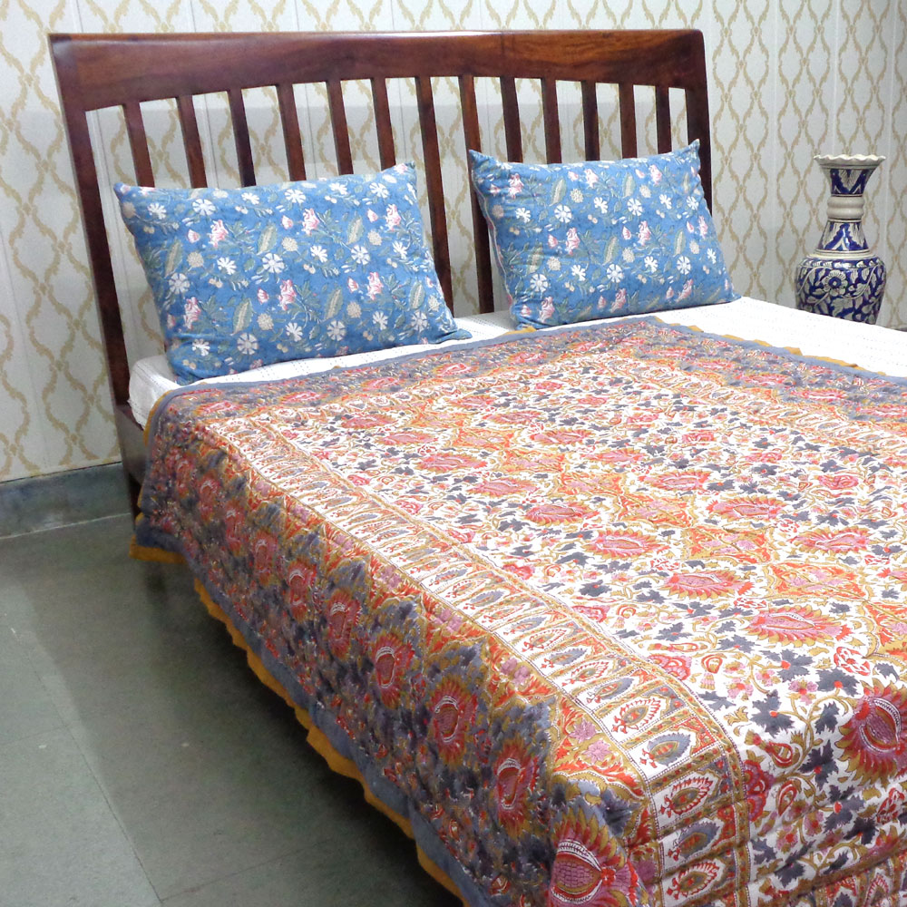 Hand Block Printed Cotton Twin Size Quilt Bird Of Paradise Gud 204347