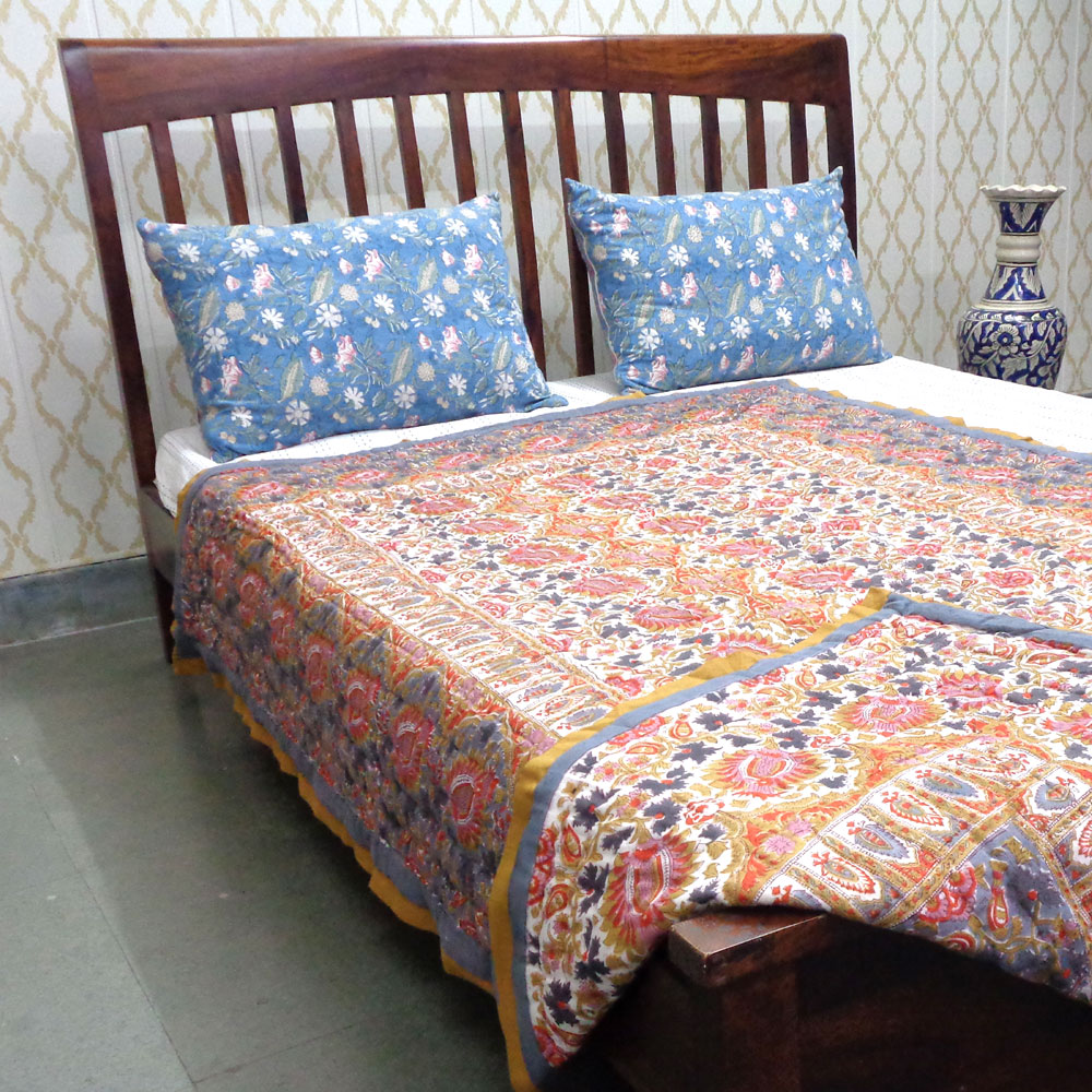 Hand Block Printed Cotton Twin Size Quilt Bird Of Paradise Gud 204347