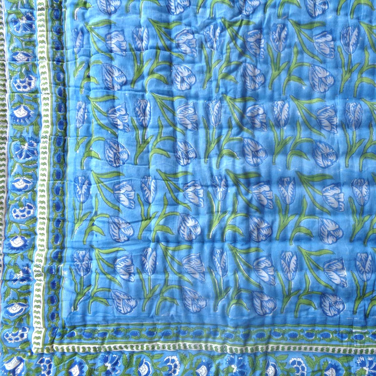 Hand Block Printed Cotton Twin Size Quilt Blue Tulip 601675