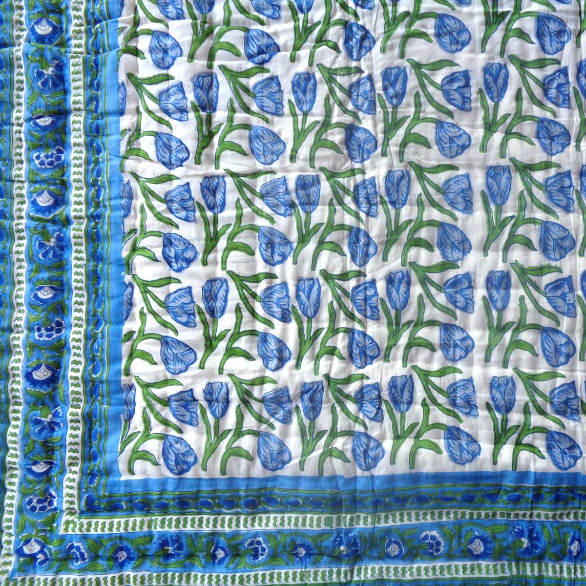 Hand Block Printed Cotton Twin Size Quilt Blue Tulip 601675
