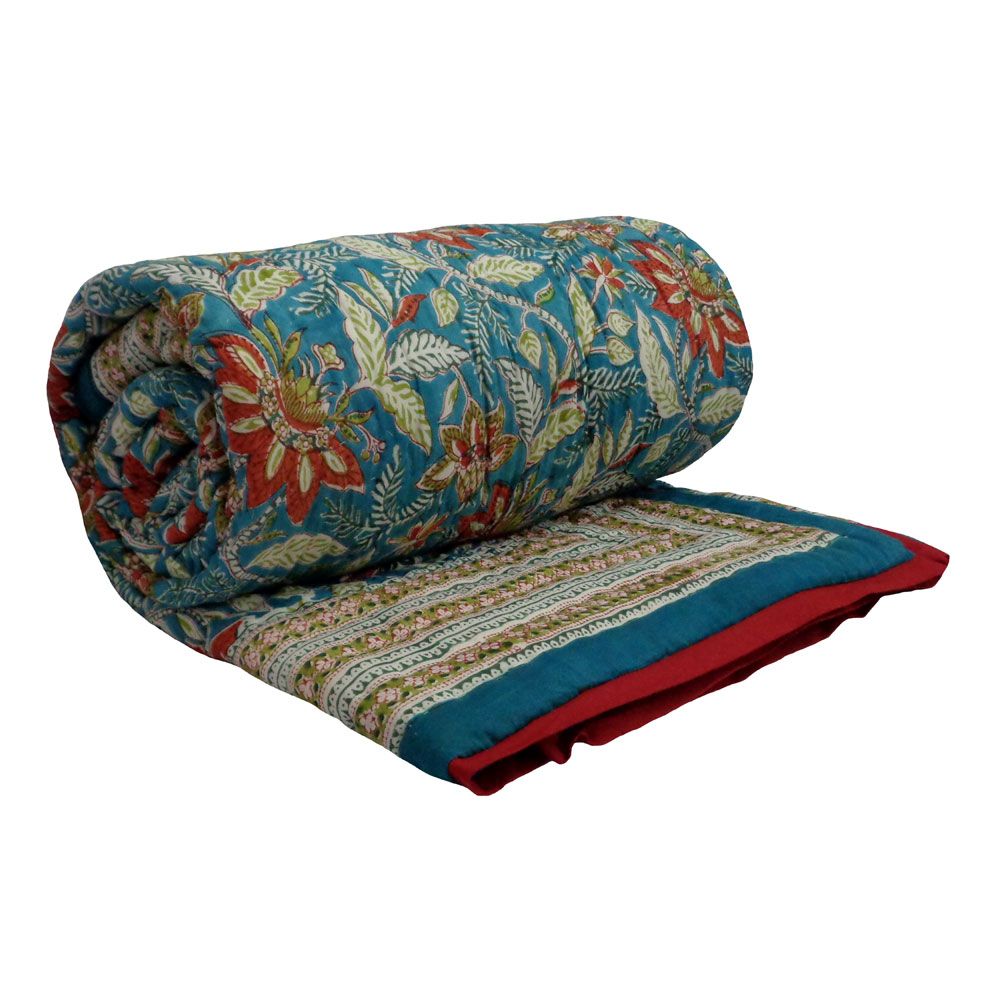 Hand Block Printed Cotton Twin Size Quilt Bossanova Green Gud 393939