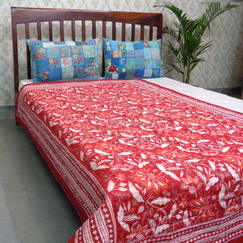 Hand  Block Printed Twin Size Quilt  Bossanova Red Gud 208858