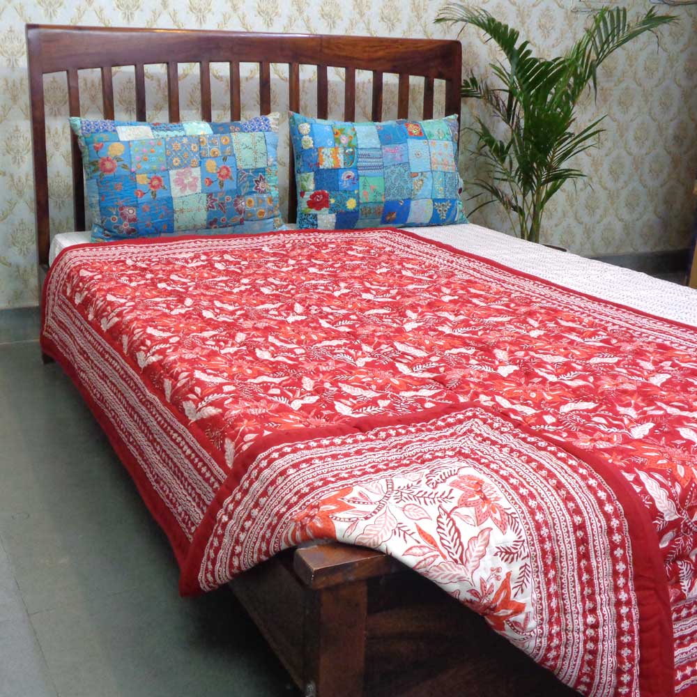 Hand  Block Printed Twin Size Quilt  Bossanova Red Gud 208858