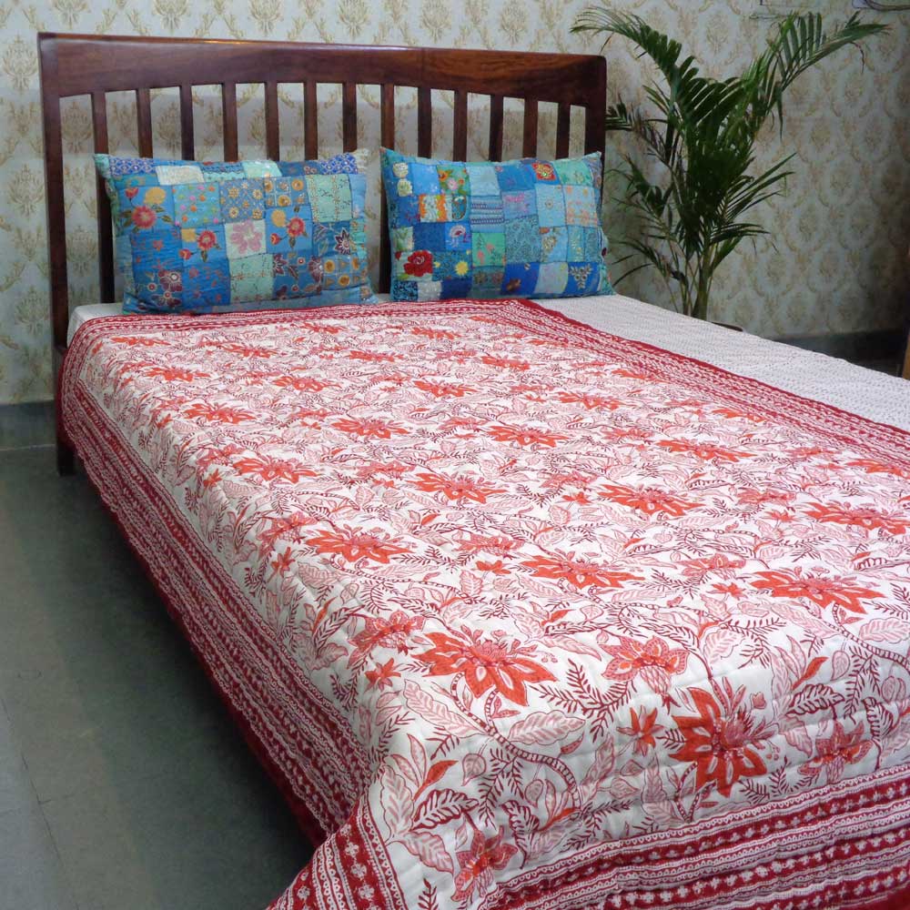 Hand  Block Printed Twin Size Quilt  Bossanova Red Gud 208858