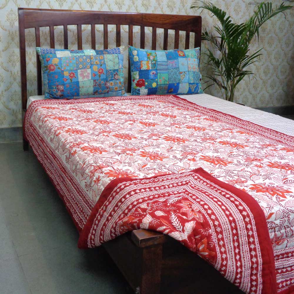 Hand  Block Printed Twin Size Quilt  Bossanova Red Gud 208858