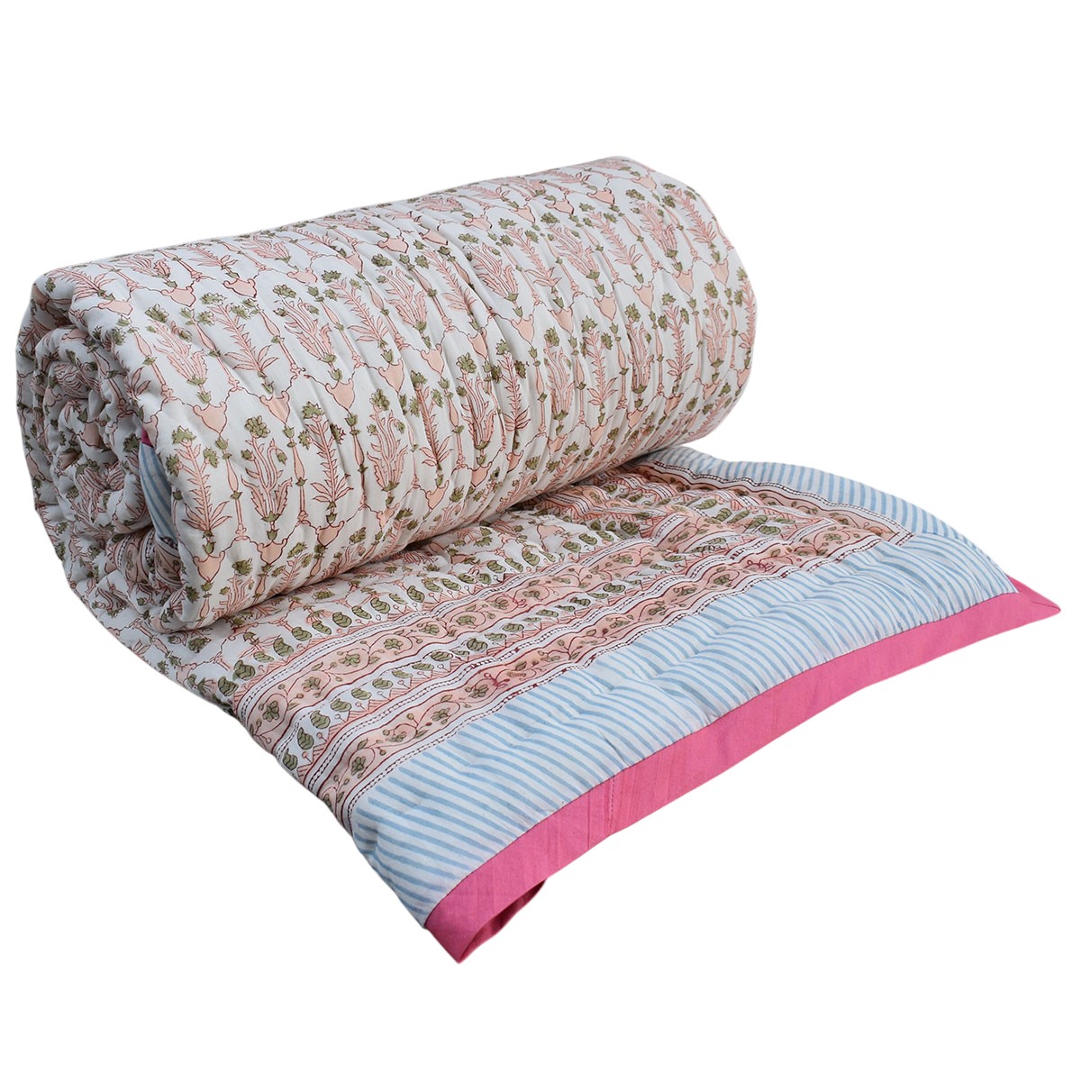 Hand Block Printed Cotton Twin Size Quilt Castle Creeper 251218