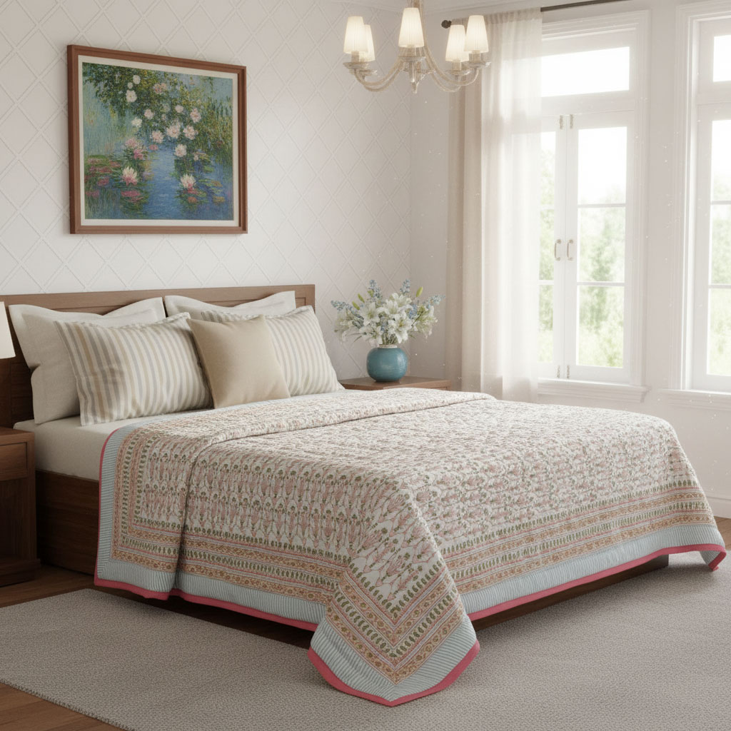 Hand Block Printed Cotton Twin Size Quilt Castle Creeper 251218