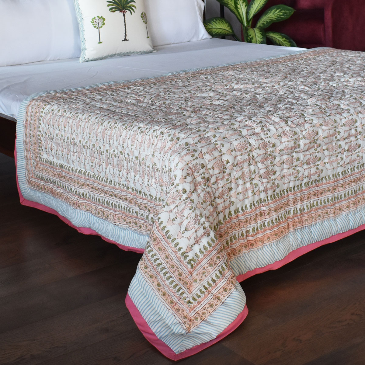 Hand Block Printed Cotton Twin Size Quilt Castle Creeper 251218