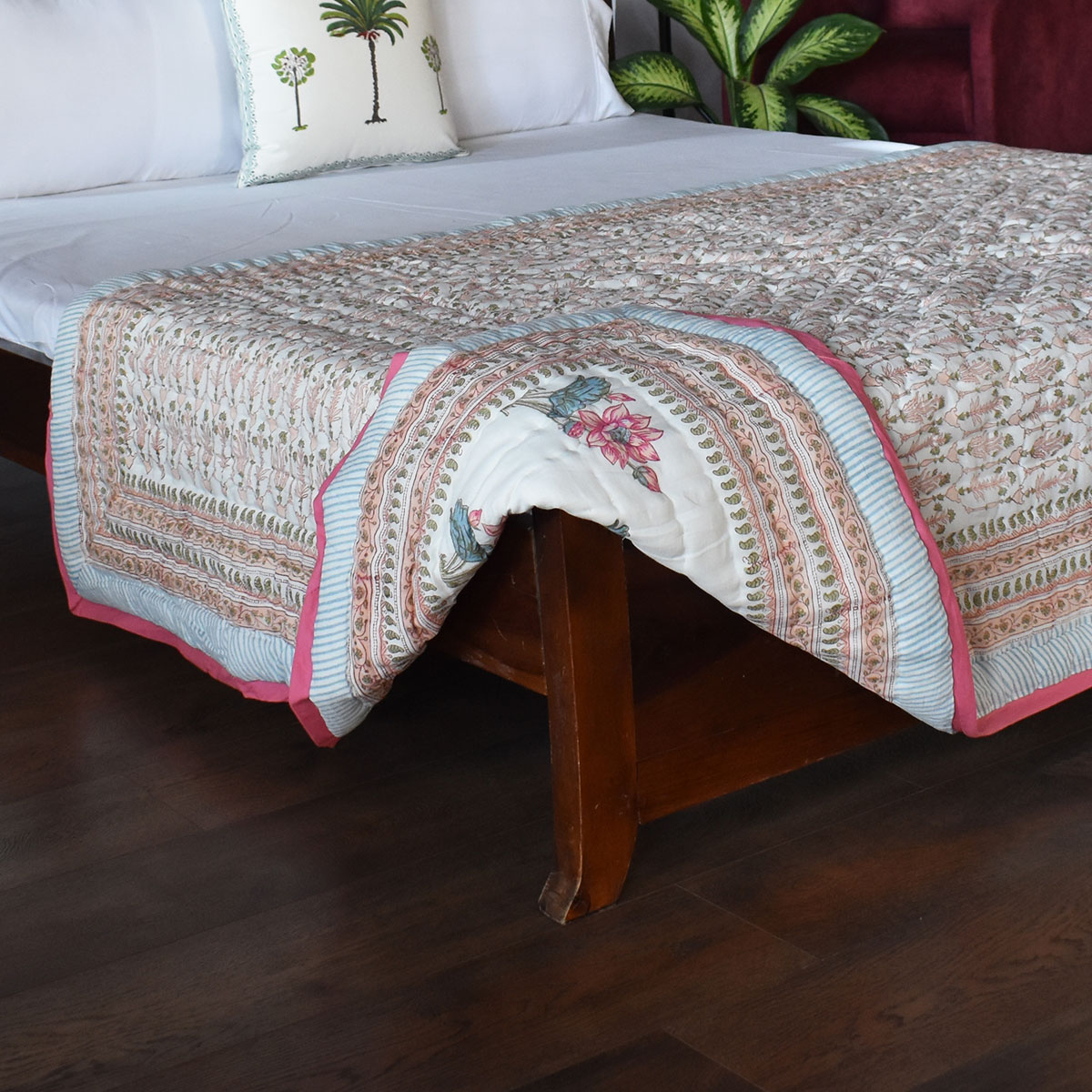 Hand Block Printed Cotton Twin Size Quilt Castle Creeper 251218