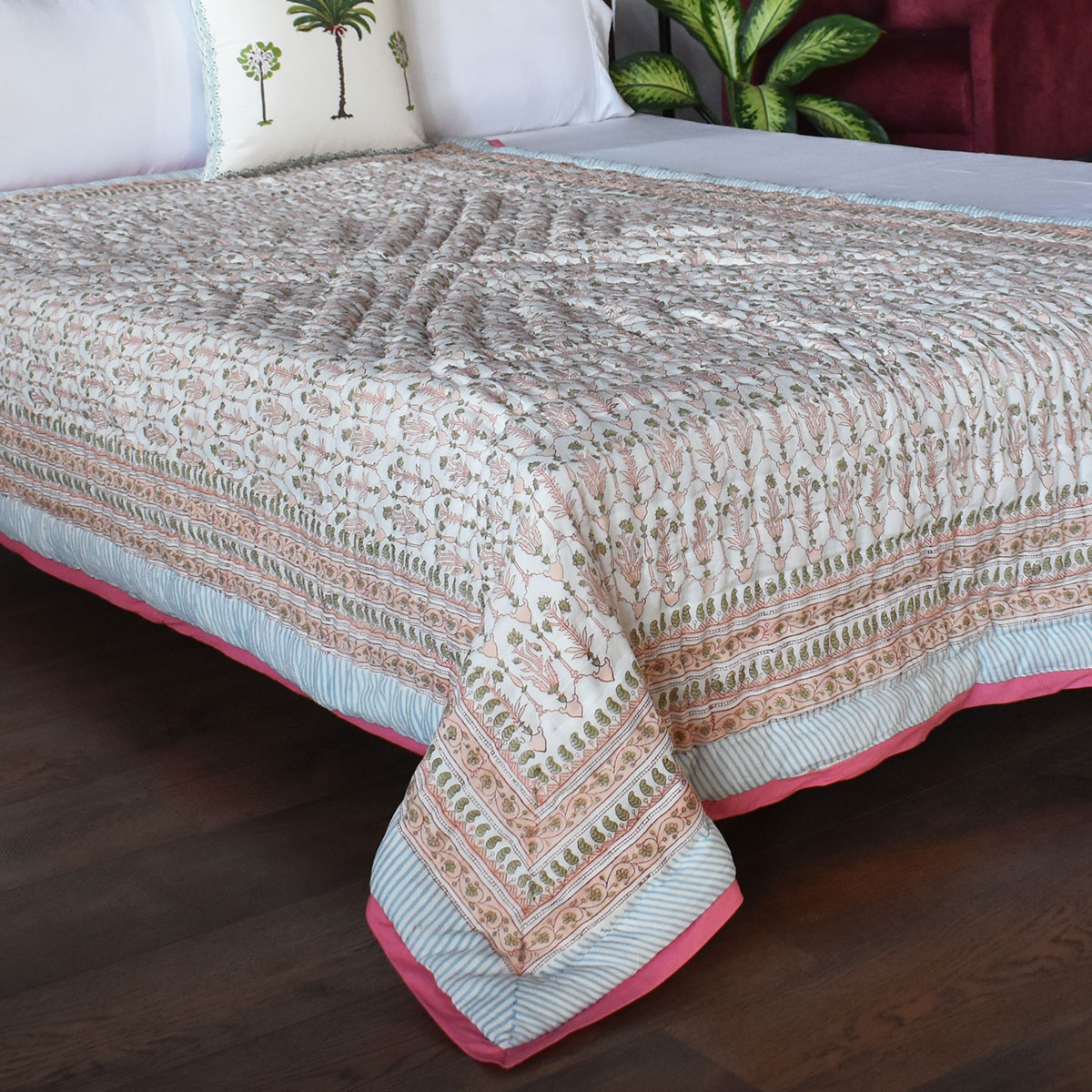 Hand Block Printed Cotton Twin Size Quilt Castle Creeper 251218