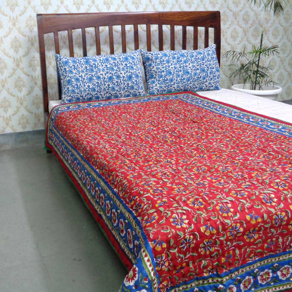 Hand Block Printed Cotton Twin Size Quilt Chakri Red Gud 101748