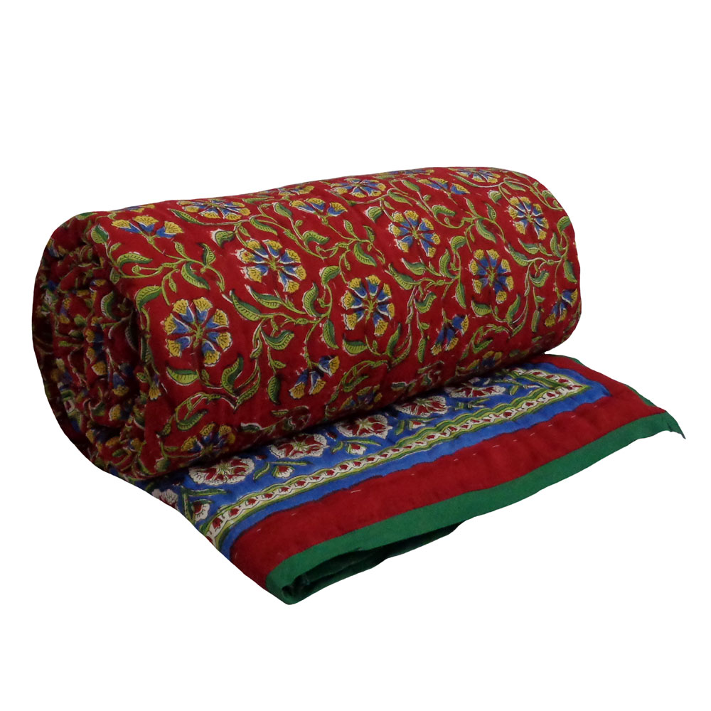 Hand Block Printed Cotton Twin Size Quilt Chakri Red Gud 101748