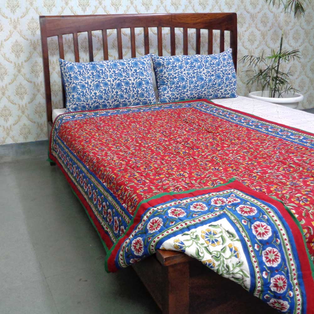 Hand Block Printed Cotton Twin Size Quilt Chakri Red Gud 101748