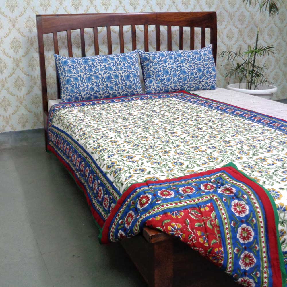 Hand Block Printed Cotton Twin Size Quilt Chakri Red Gud 101748