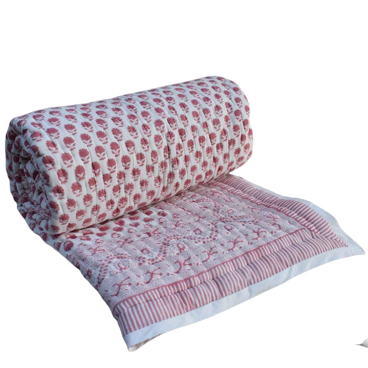 Hand Block Printed Cotton Twin Size Quilt Choti Booti Pink 202411