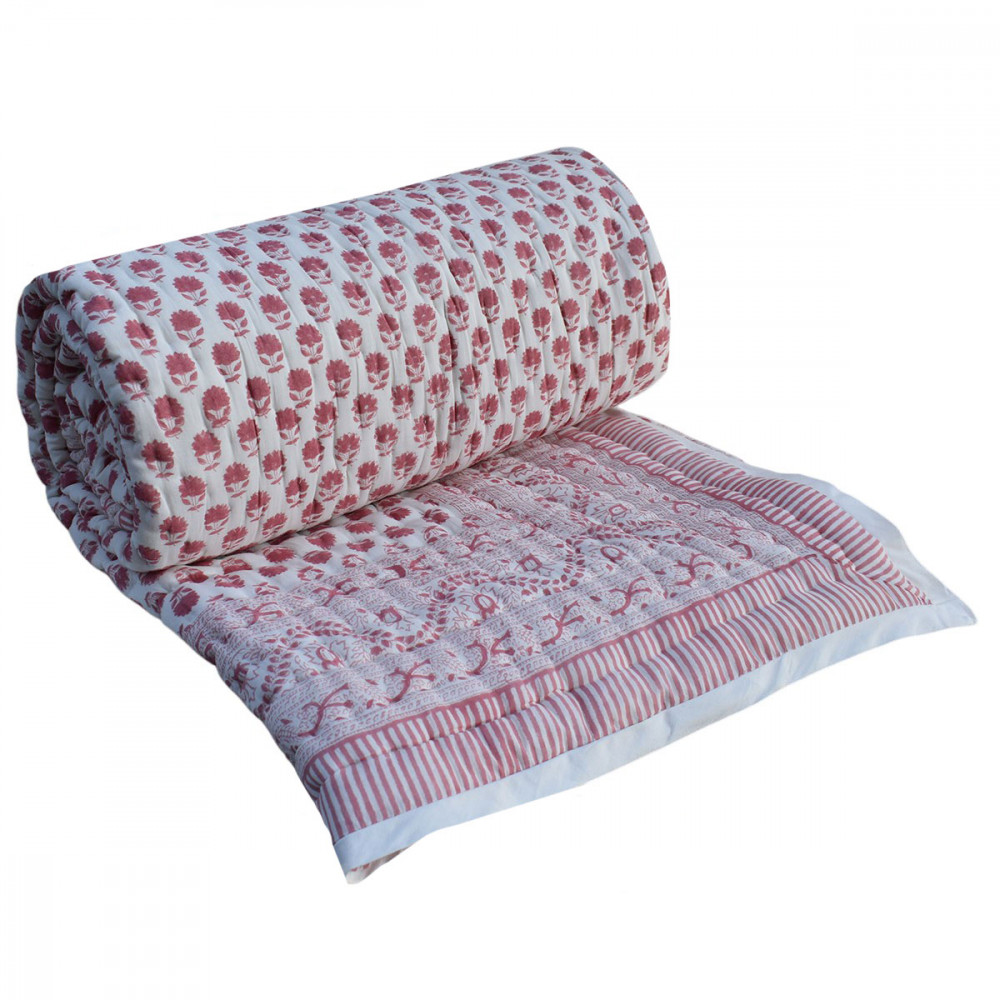 Image of Hand Block Printed Cotton Twin Size Quilt | Choti Booti Pink 202411
