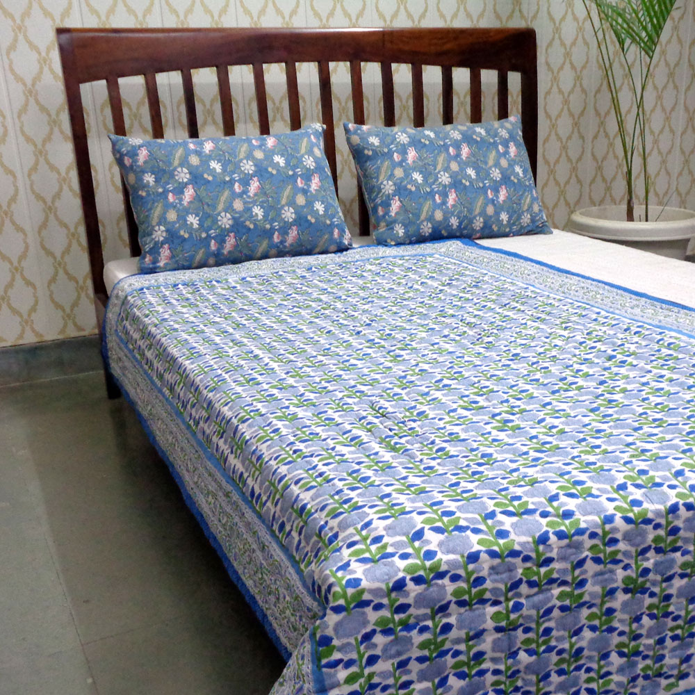 Hand Block Printed Cotton Twin Size Quilt Climbing Flower Blue 500930