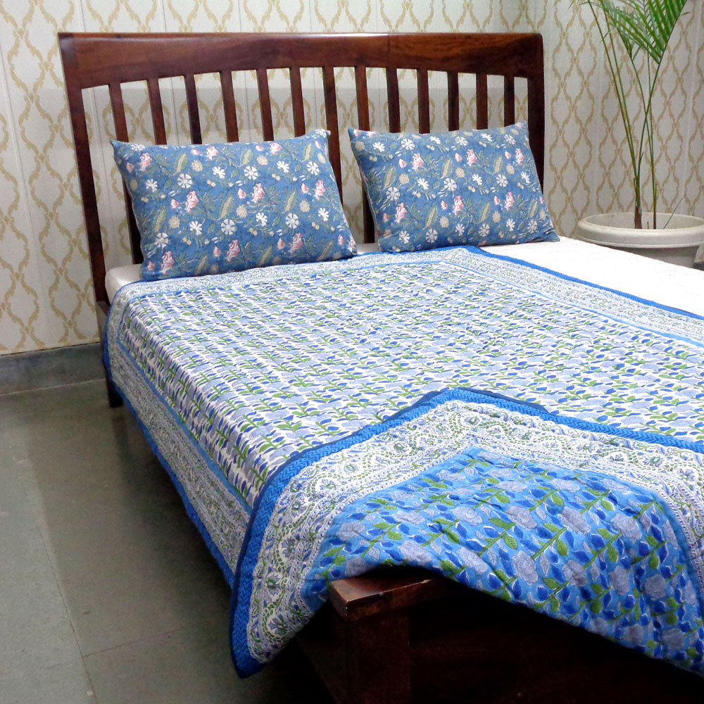 Hand Block Printed Cotton Twin Size Quilt Climbing Flower Blue 500930