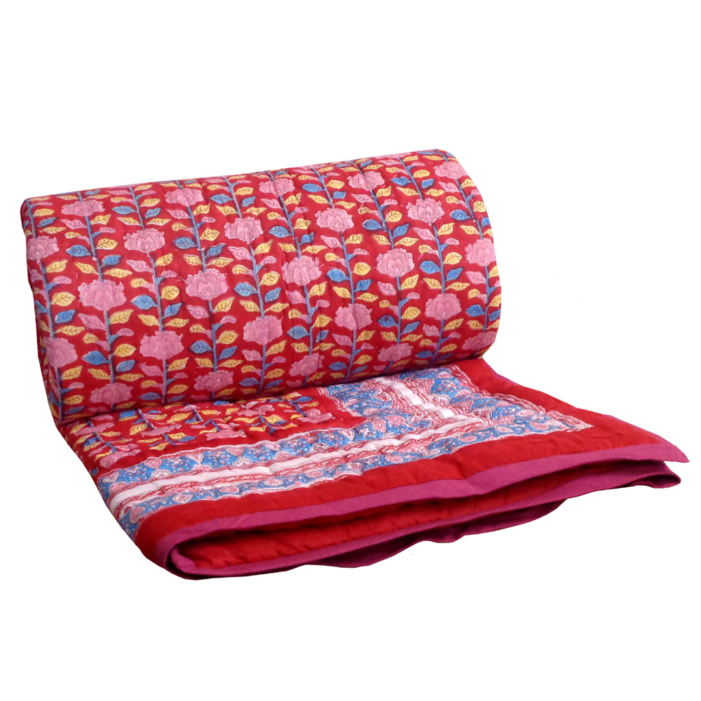 Hand Block Printed Cotton Twin Size Quilt Climbing Flower Red 501049