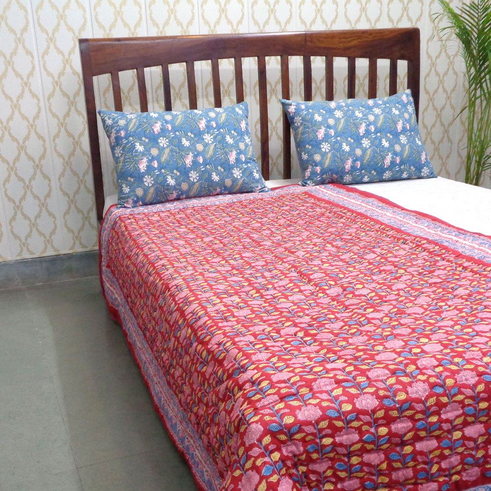 Hand Block Printed Cotton Twin Size Quilt Climbing Flower Red 501049