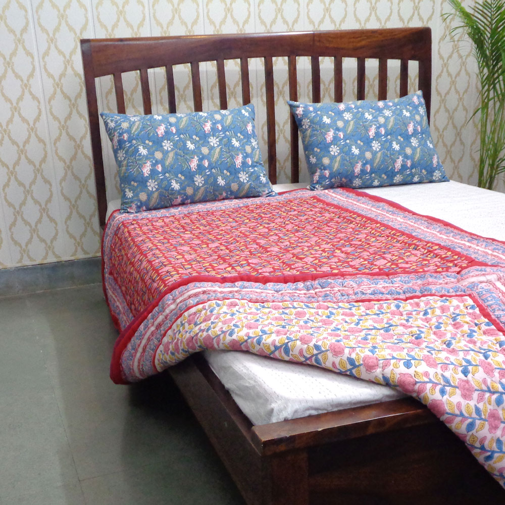 Hand Block Printed Cotton Twin Size Quilt Climbing Flower Red 501049