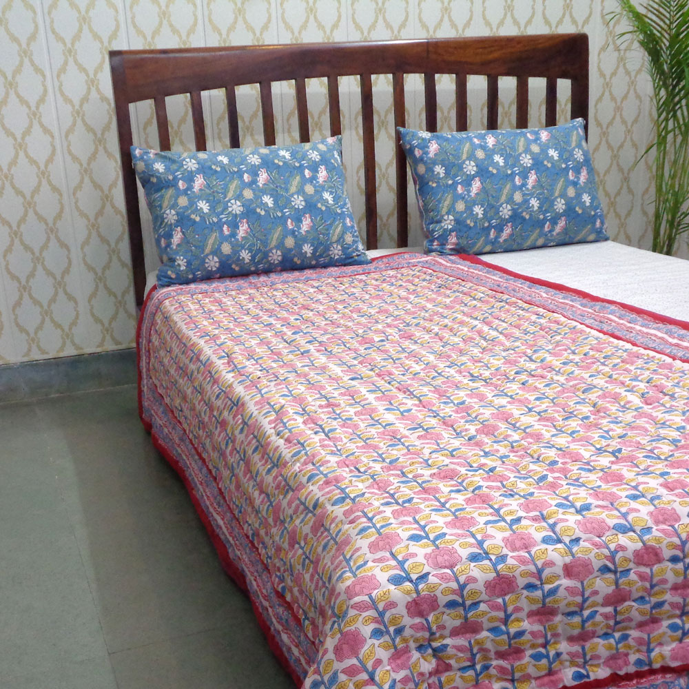 Hand Block Printed Cotton Twin Size Quilt Climbing Flower Red 501049