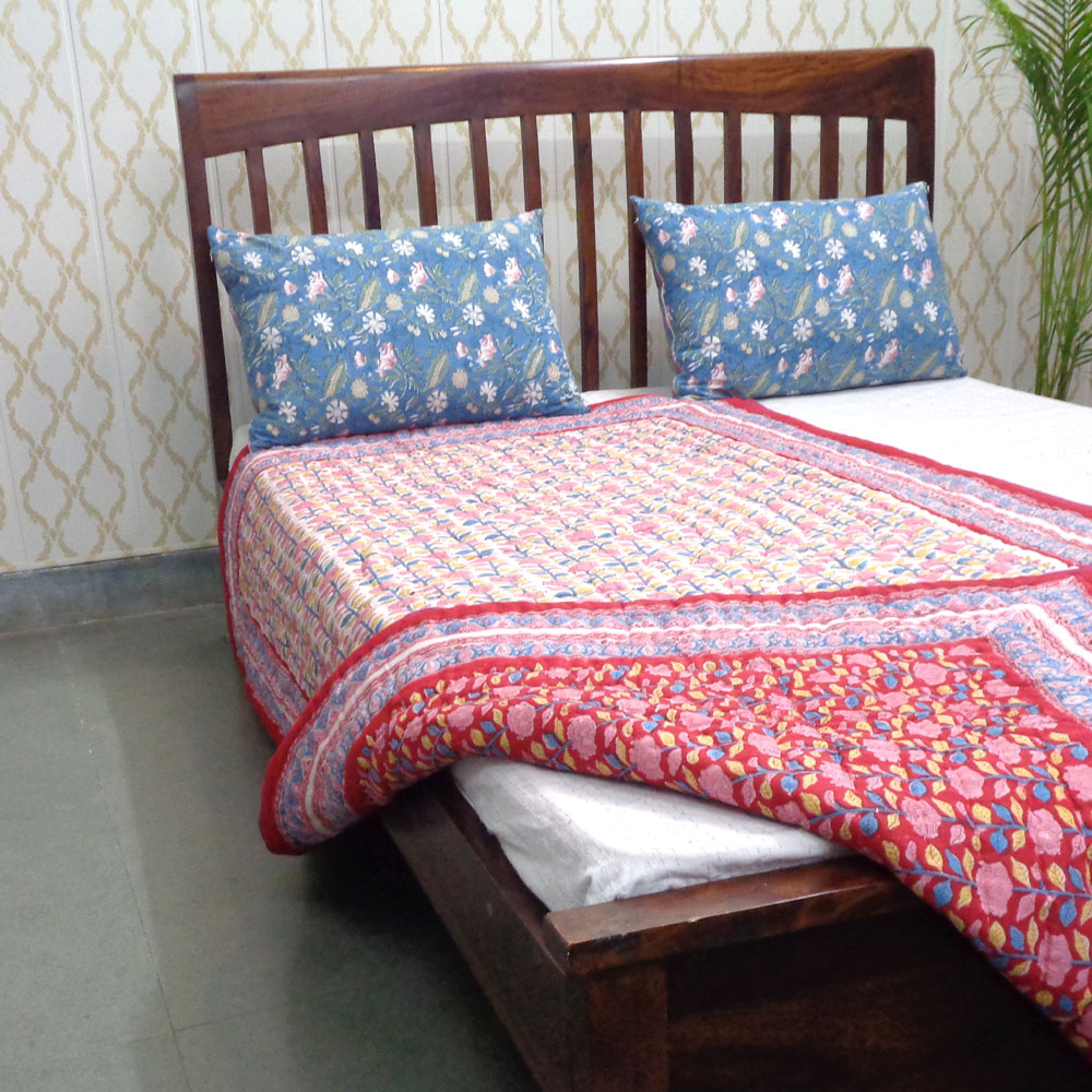 Hand Block Printed Cotton Twin Size Quilt Climbing Flower Red 501049