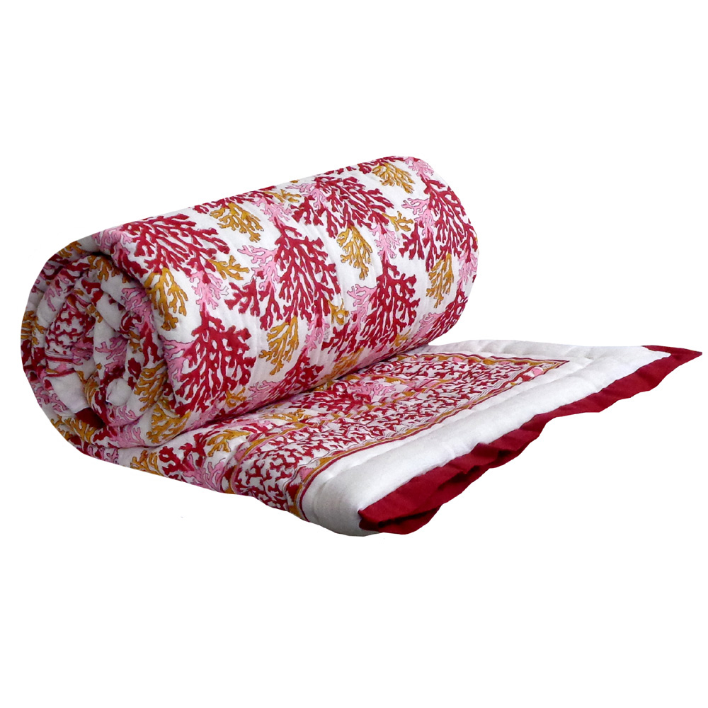 Hand Block Printed Cotton Twin Size Quilt Coral Multi Red 701927