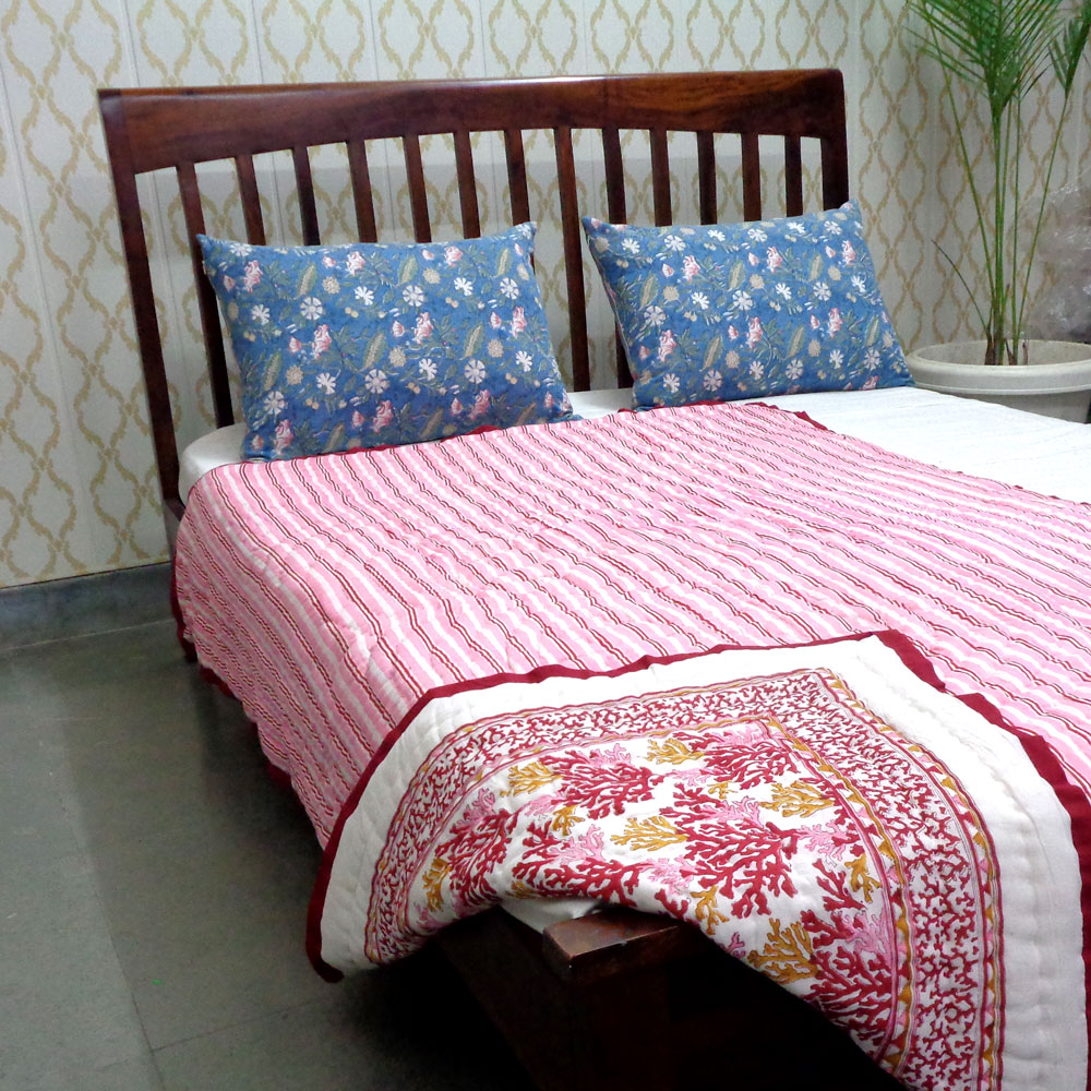 Hand Block Printed Cotton Twin Size Quilt Coral Multi Red 701927