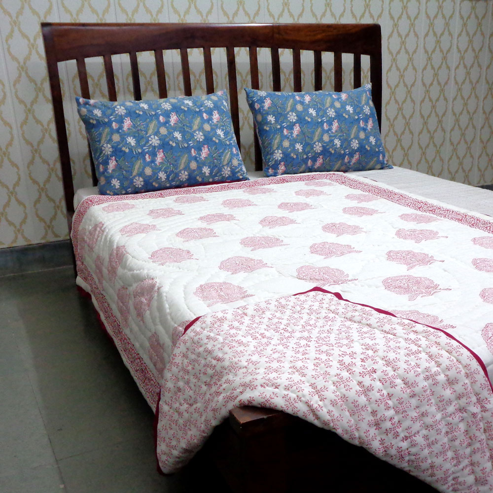 Hand Block Printed Cotton Twin Size Quilt  Cross Lolipop 103349