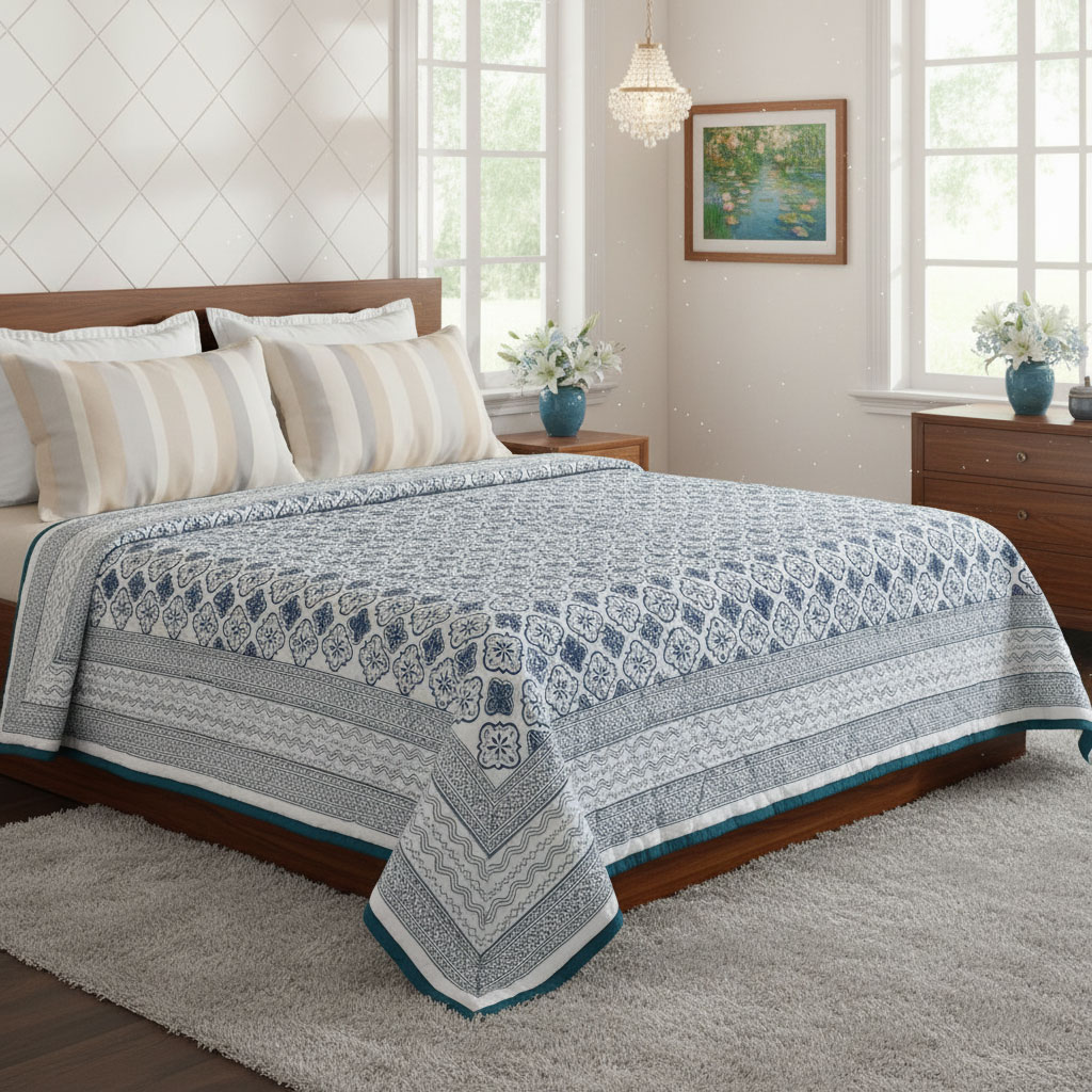 Hand Block Printed Cotton Twin Size Quilt Cross Star Blue 251211