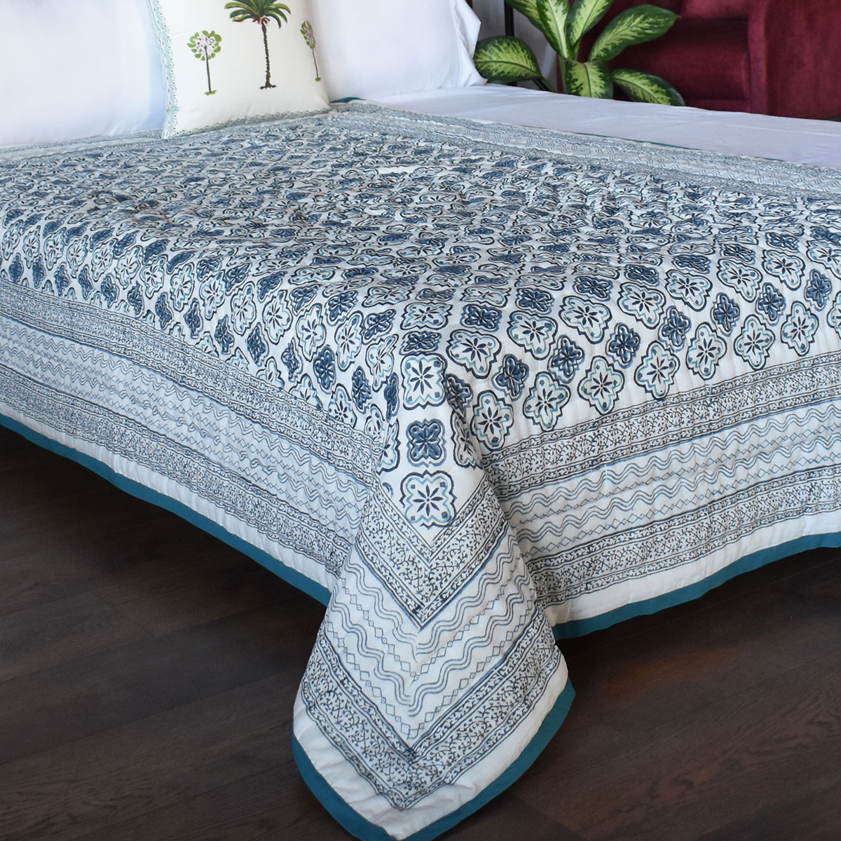 Hand Block Printed Cotton Twin Size Quilt Cross Star Blue 251211