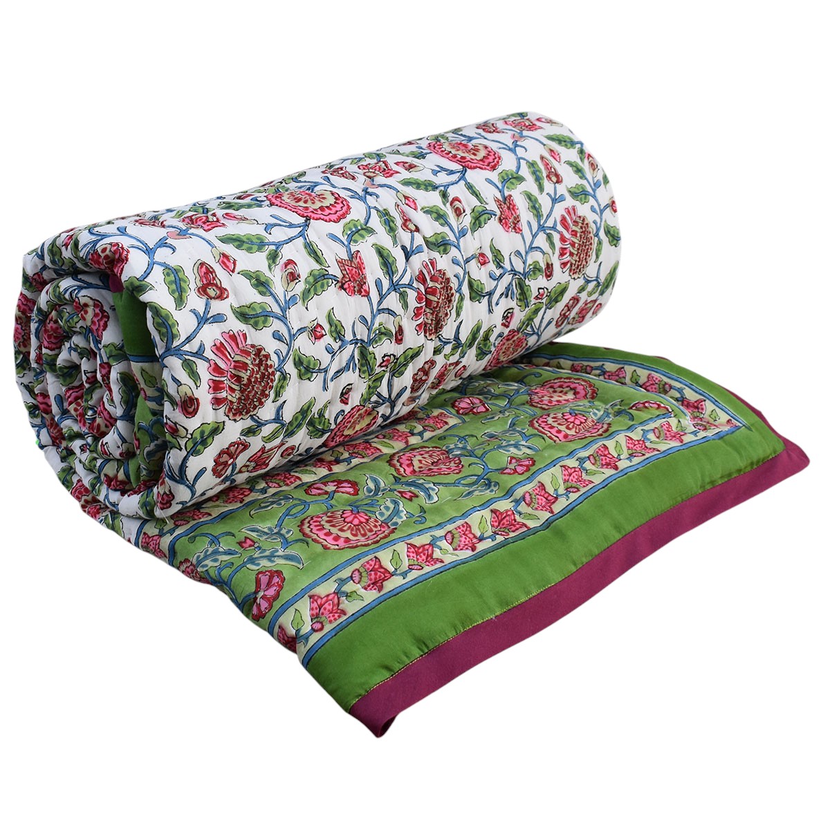 Hand Block Printed Cotton Twin Size Quilt Dawn Glory 251205