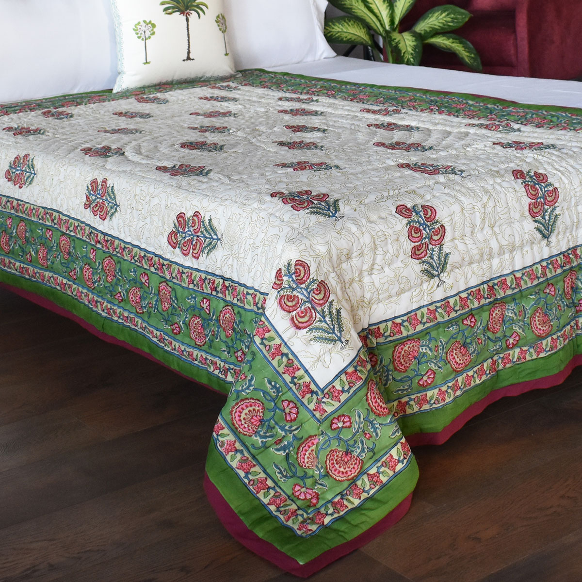 Hand Block Printed Cotton Twin Size Quilt Dawn Glory 251205